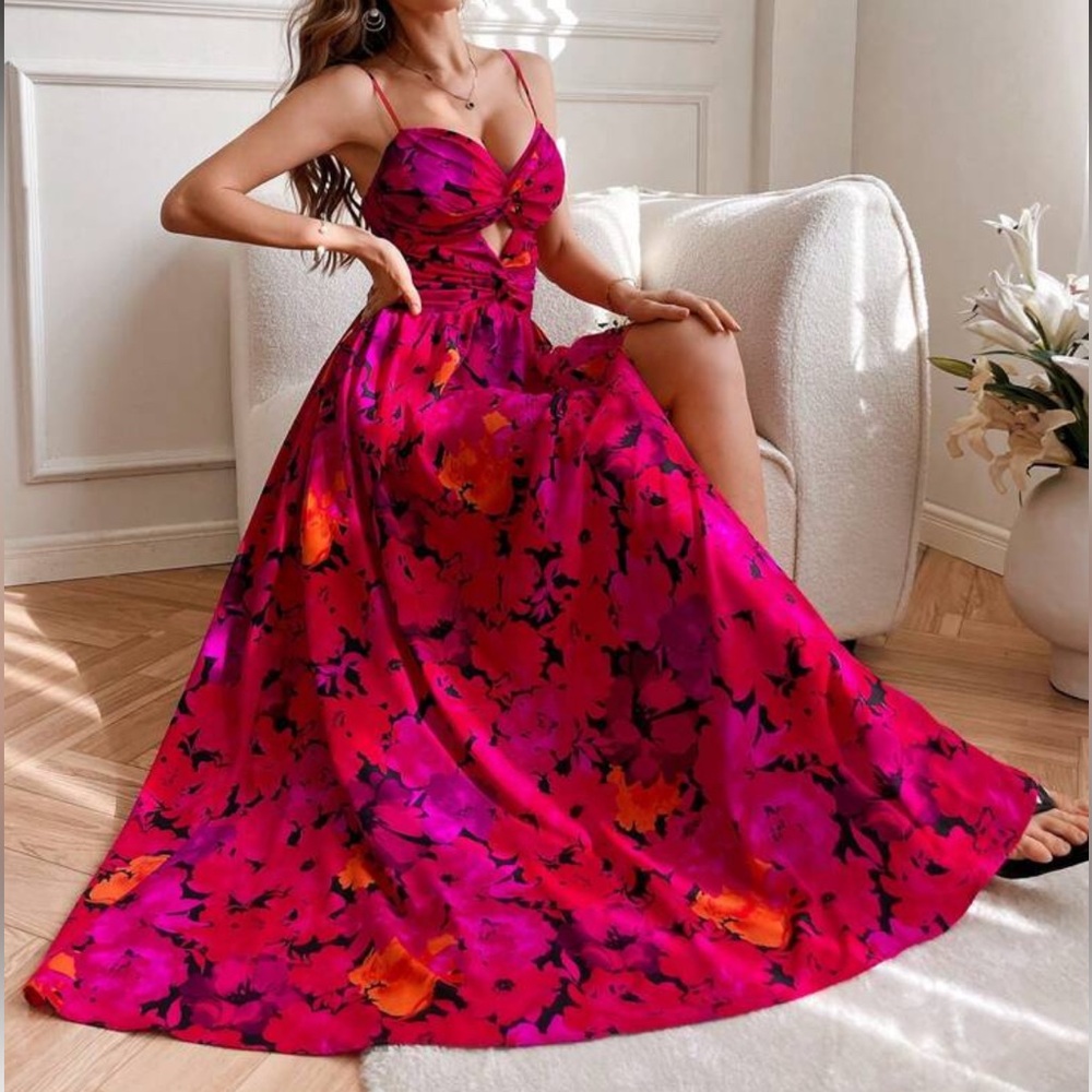 Plus Size Boho Floral Print Hallowed Out Cut Out Slit Cami Maxi Dress Pink